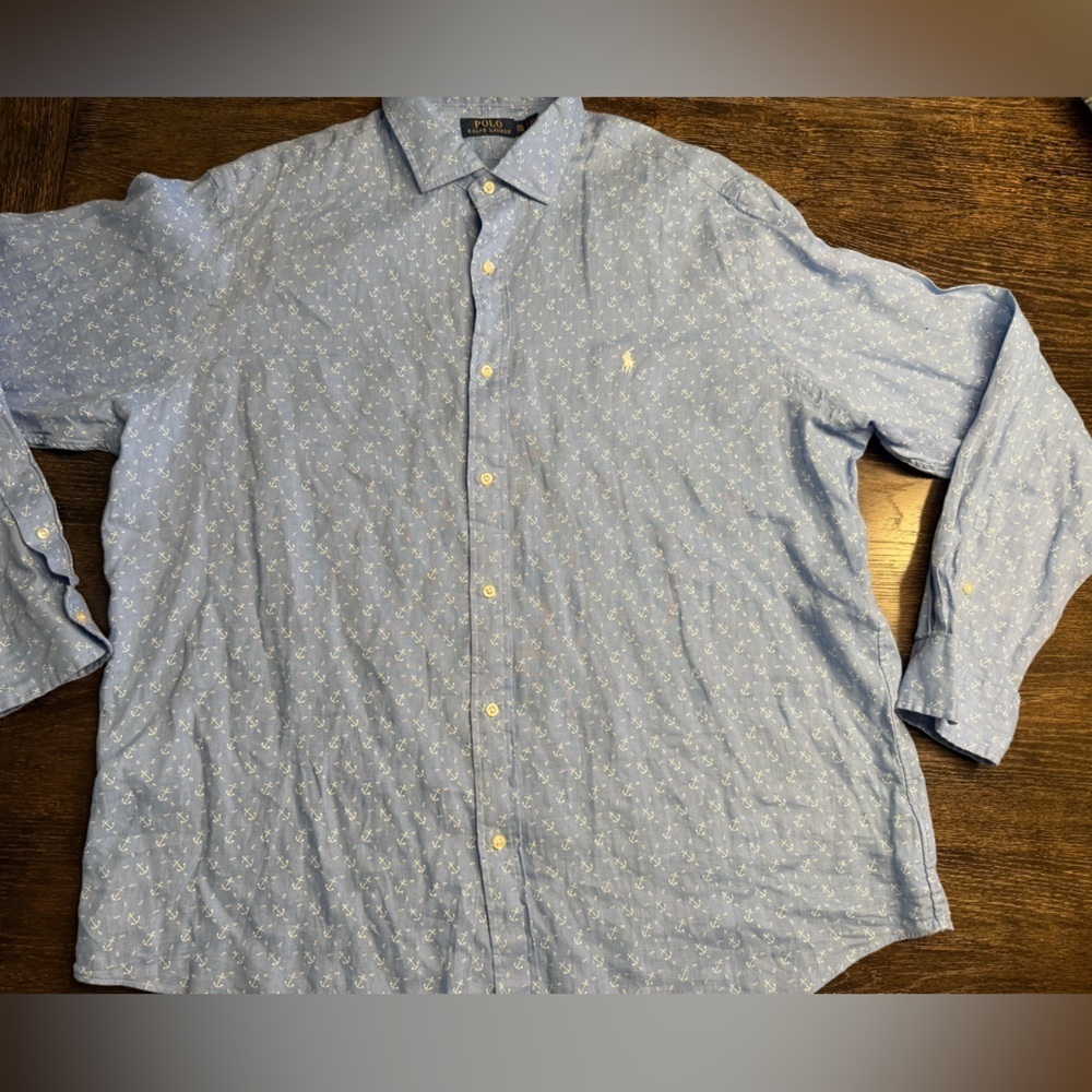Polo Ralph Lauren Men's XXL Blue White Anchor Print Linen Shirt - Picture 2 of 3